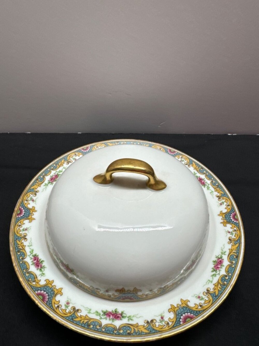 Limoges France Lucie Covered Vegetable Dish Gold Handle & Floral Design